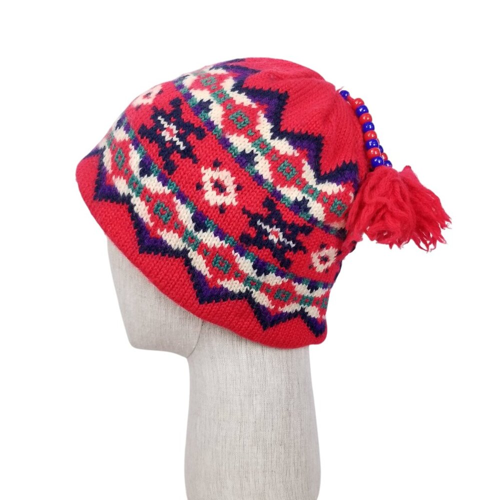 Merkley 100% Wool Patterned Beanie Beaded Pom Pom Tassel
